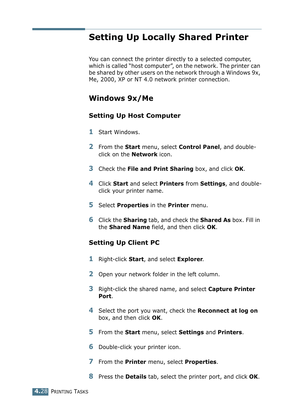 Setting up locally shared printer, Windows 9x/me | Samsung ML-1750 Series User Manual | Page 85 / 148