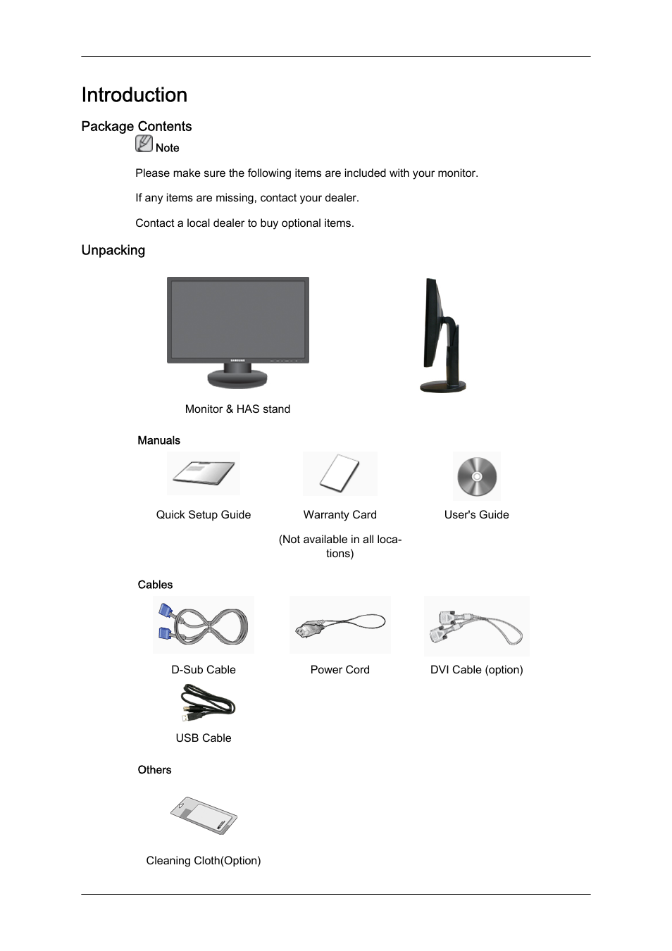 Introduction, Package contents, Unpacking | Samsung 2243QWX User Manual | Page 2 / 25
