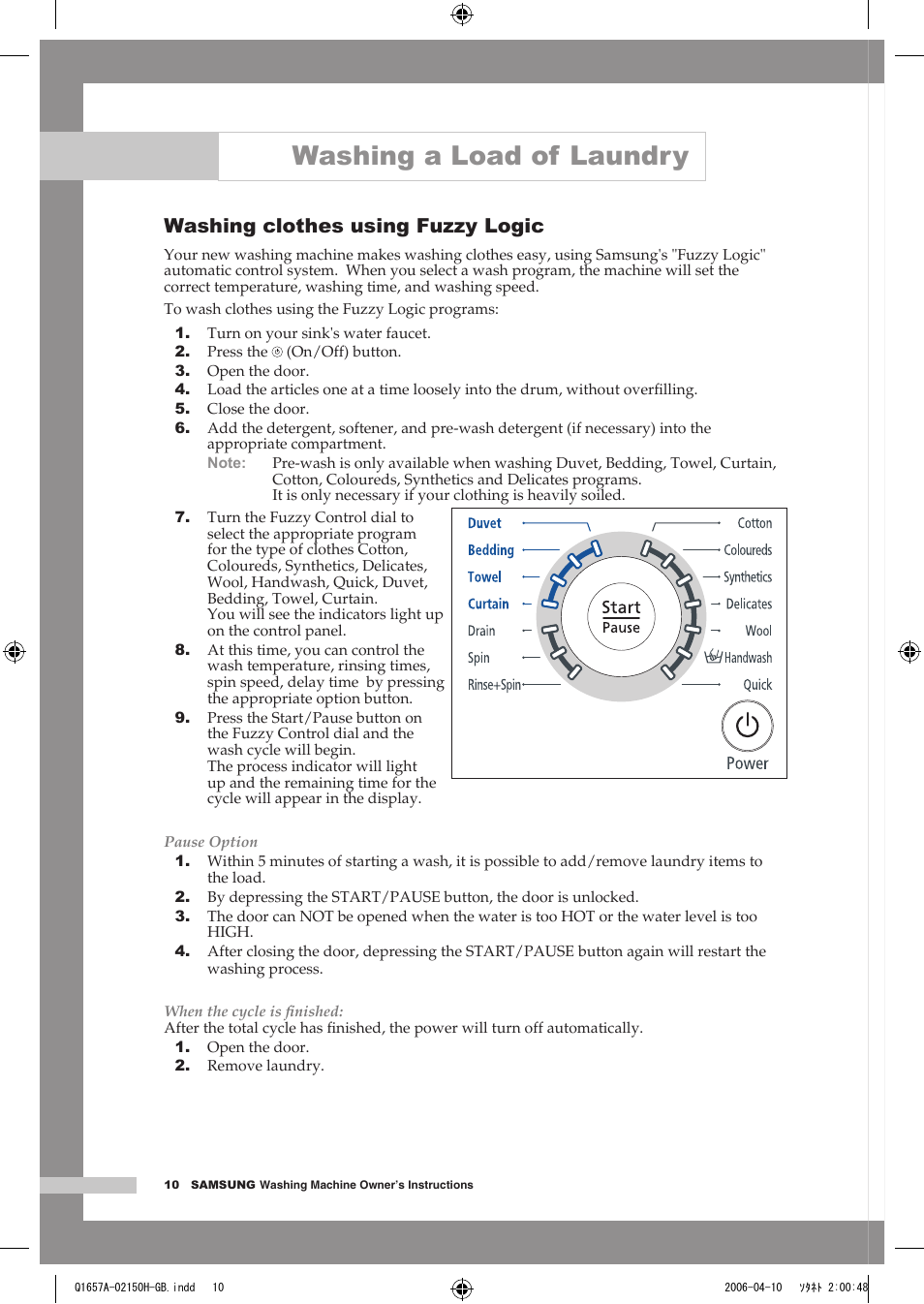 Washing a load of laundry, Washing clothes using fuzzy logic | Samsung Q1657A(V/T/S) User Manual | Page 14 / 28