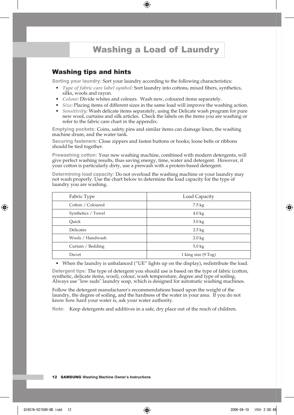 Washing a load of laundry, Washing tips and hints | Samsung Q1657A(V/T/S) User Manual | Page 16 / 28