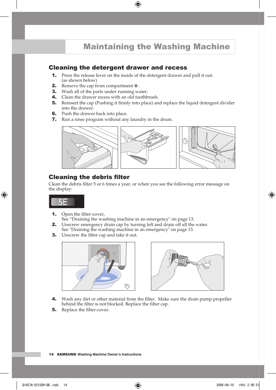 Maintaining the washing machine, Cleaning the detergent drawer and recess, Cleaning the debris ﬁlter | Samsung Q1657A(V/T/S) User Manual | Page 18 / 28