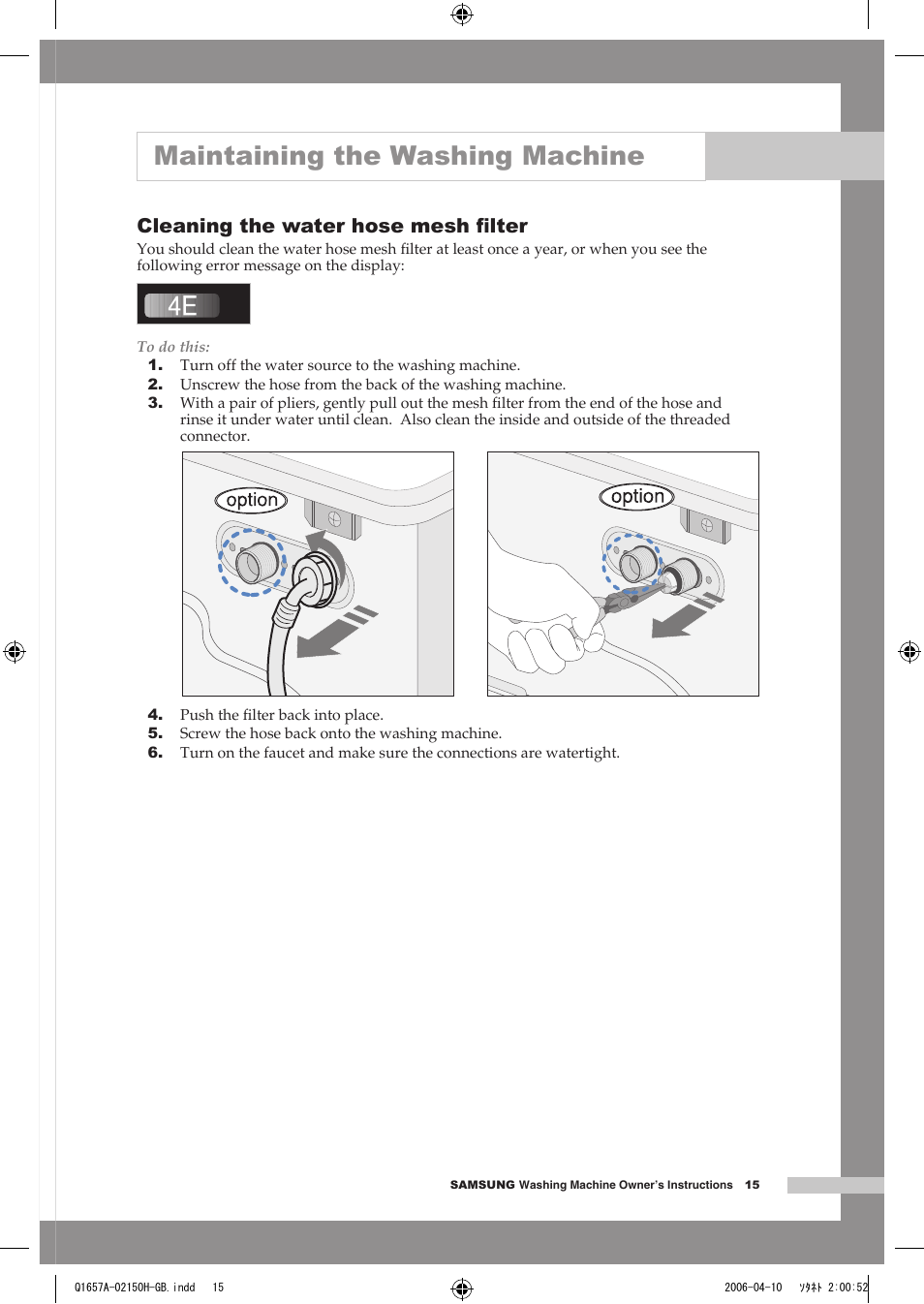 Maintaining the washing machine, Cleaning the water hose mesh ﬁlter | Samsung Q1657A(V/T/S) User Manual | Page 19 / 28