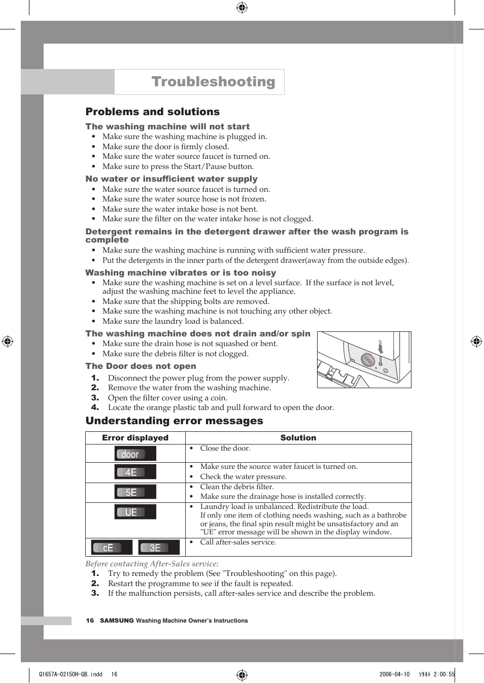 Troubleshooting, Problems and solutions, Understanding error messages | Door | Samsung Q1657A(V/T/S) User Manual | Page 20 / 28