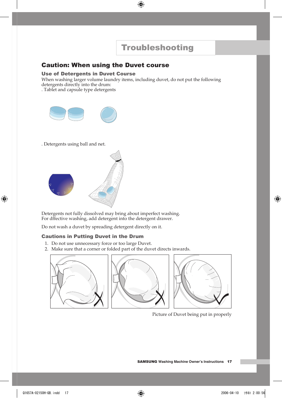 Troubleshooting, Caution: when using the duvet course | Samsung Q1657A(V/T/S) User Manual | Page 21 / 28