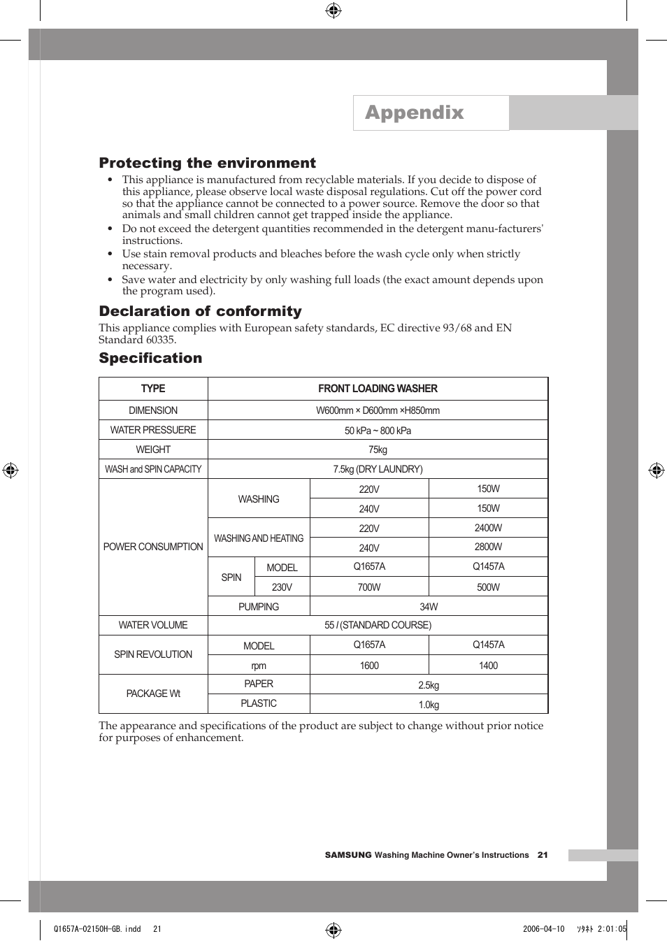 Appendix, Protecting the environment, Declaration of conformity | Speciﬁcation | Samsung Q1657A(V/T/S) User Manual | Page 25 / 28