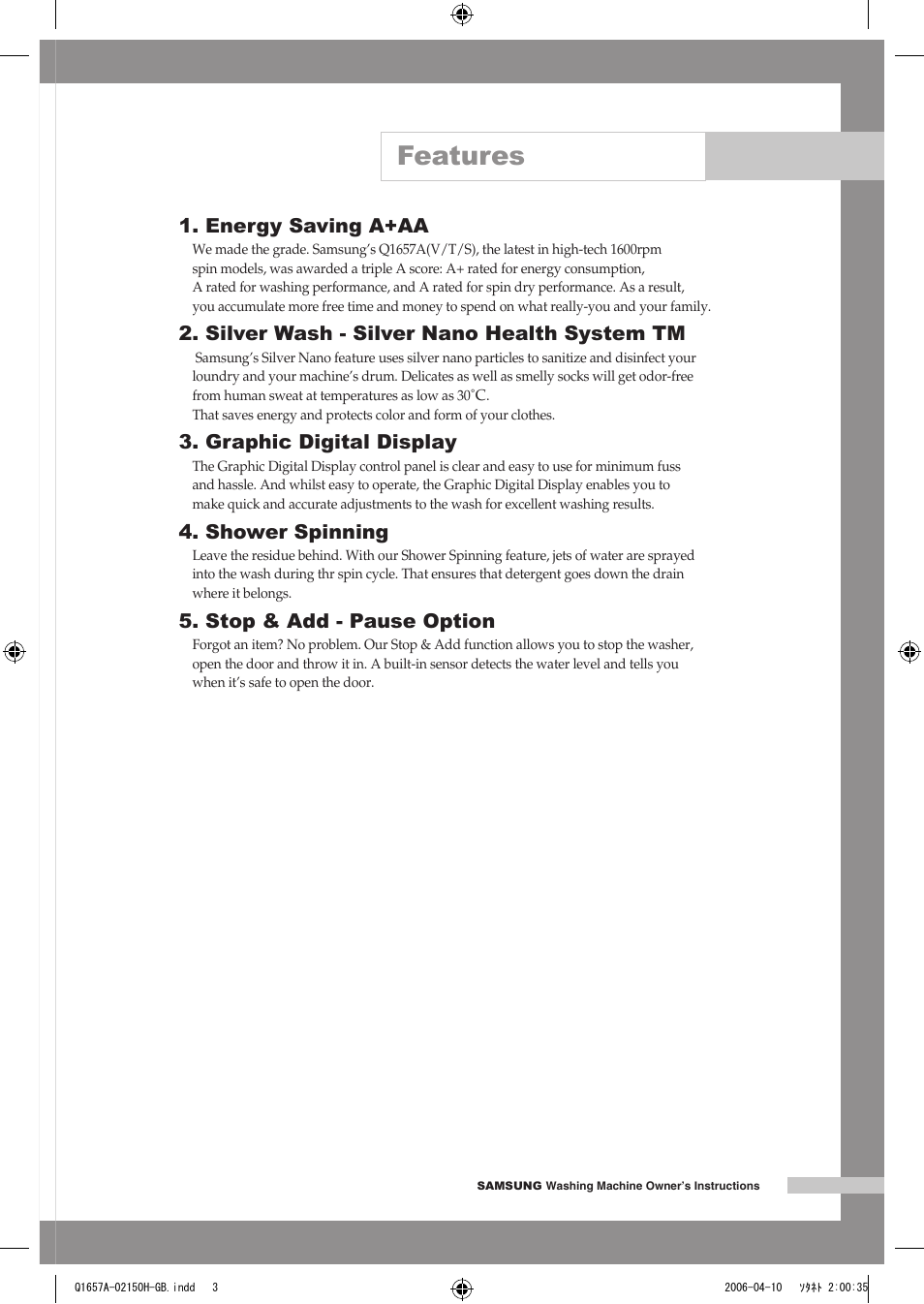 Features, Energy saving a+aa, Silver wash - silver nano health system tm | Graphic digital display, Shower spinning, Stop & add - pause option | Samsung Q1657A(V/T/S) User Manual | Page 3 / 28