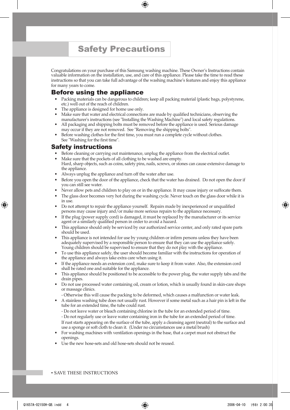 Safety precautions, Before using the appliance, Safety instructions | Samsung Q1657A(V/T/S) User Manual | Page 4 / 28