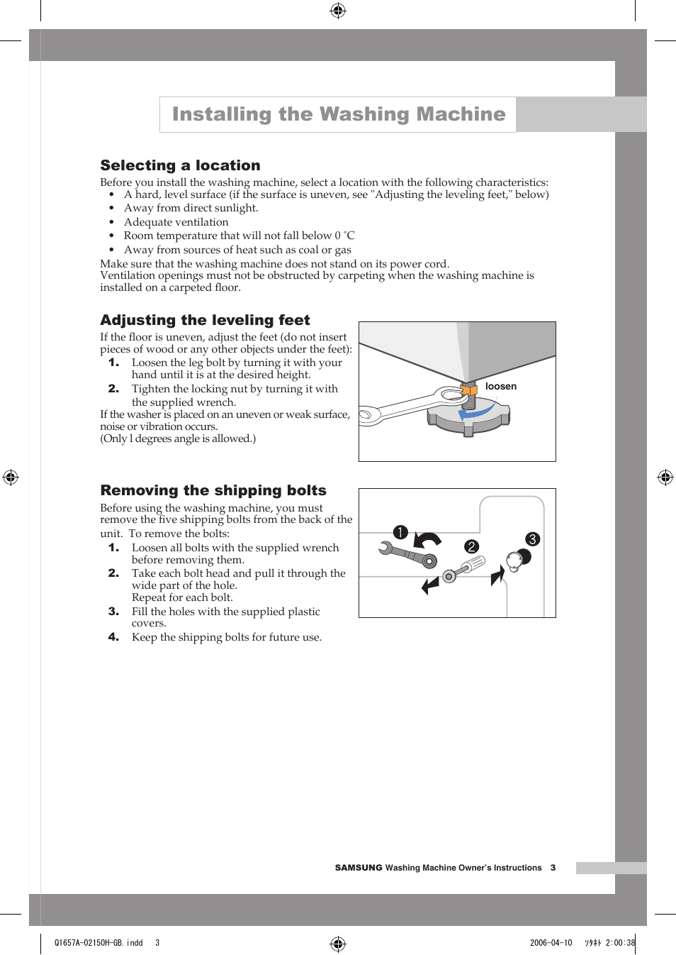 Installing the washing machine, Selecting a location, Adjusting the leveling feet | Removing the shipping bolts | Samsung Q1657A(V/T/S) User Manual | Page 7 / 28