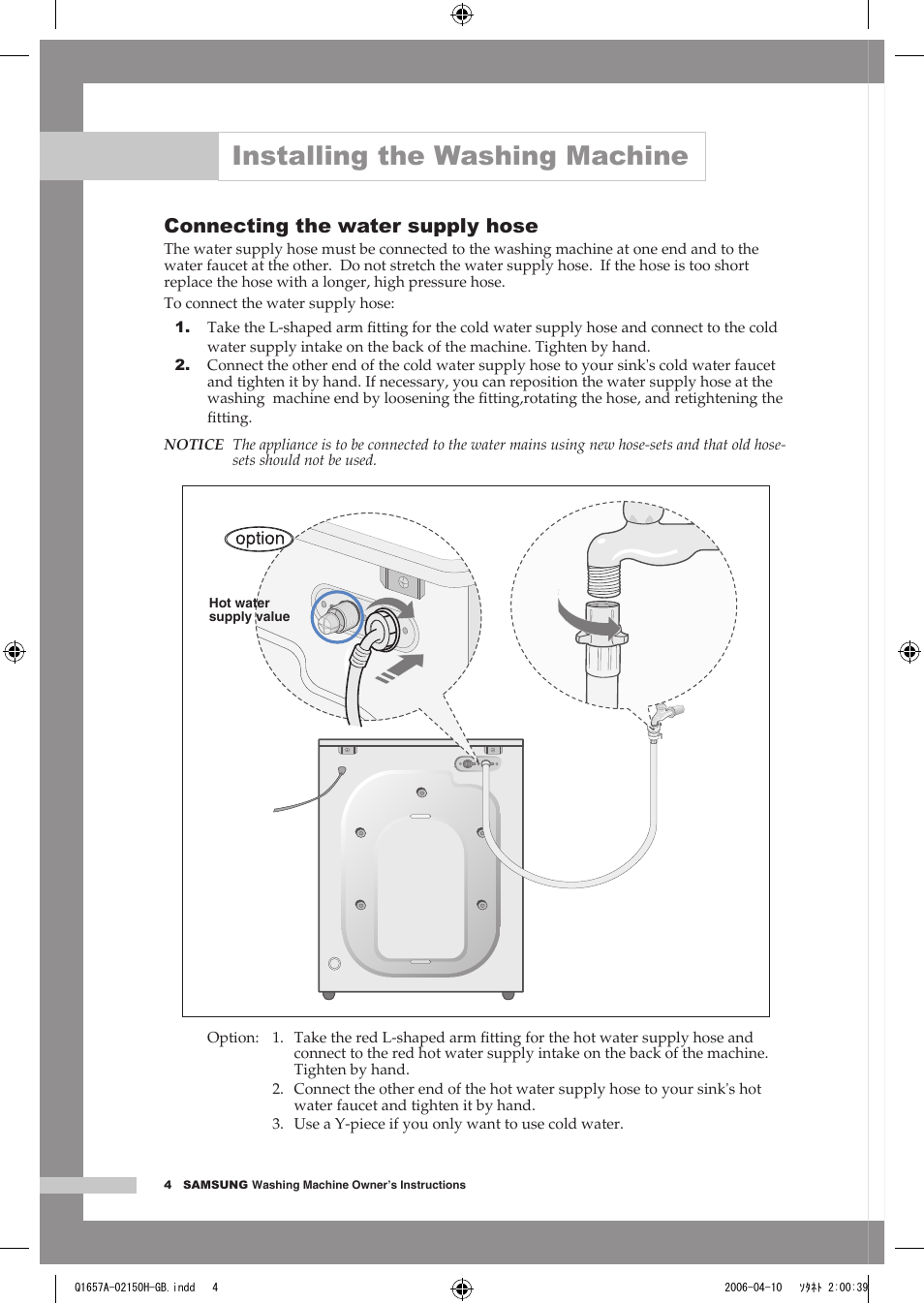 Installing the washing machine, Connecting the water supply hose | Samsung Q1657A(V/T/S) User Manual | Page 8 / 28