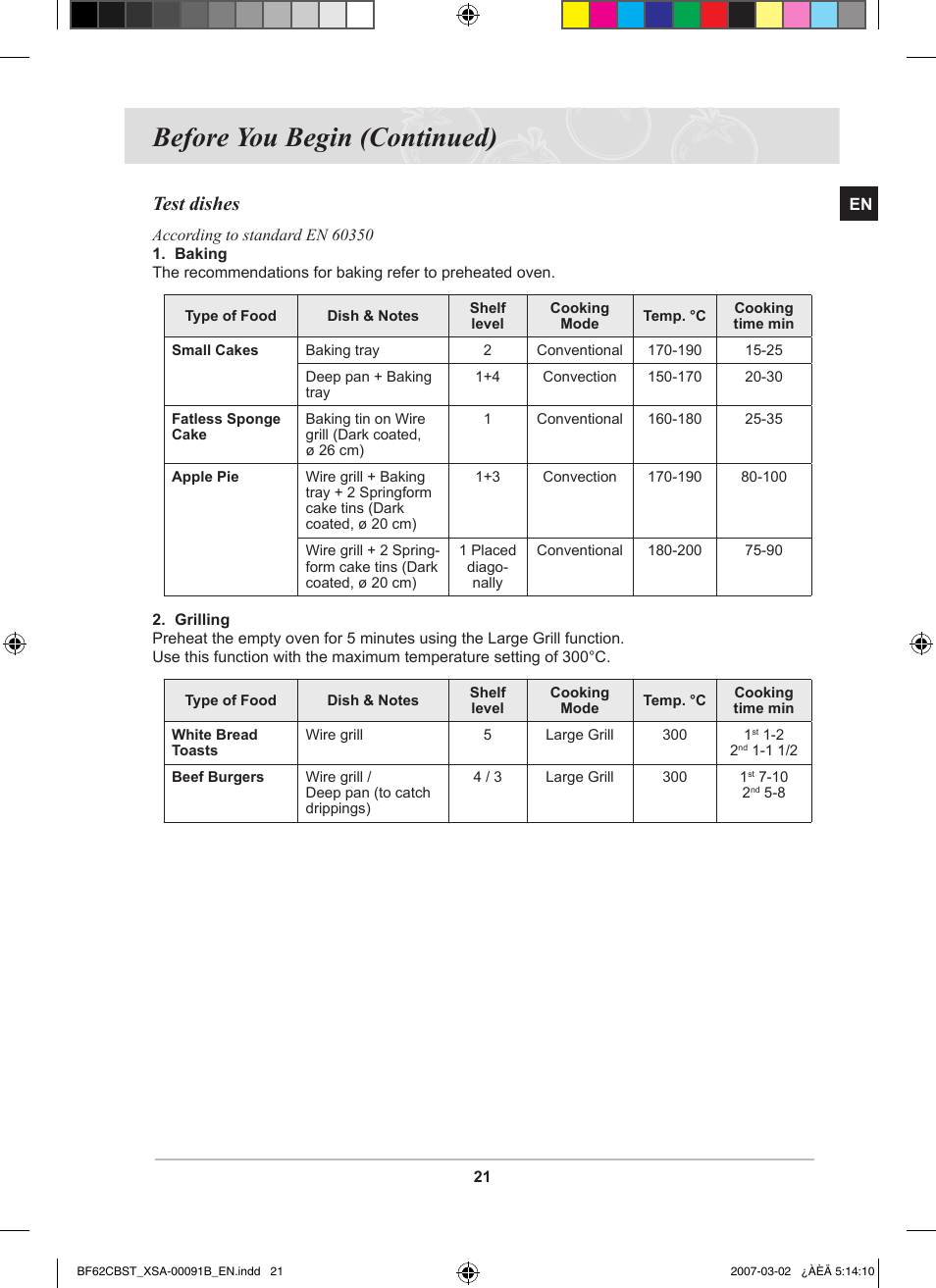 Before you begin (continued), Test dishes | Samsung BF62CCBST User Manual | Page 23 / 46