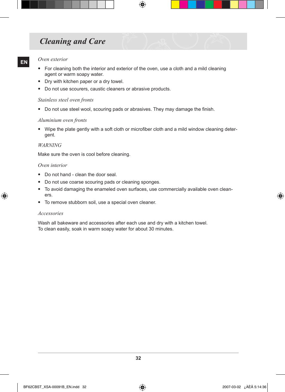 Cleaning and care | Samsung BF62CCBST User Manual | Page 34 / 46