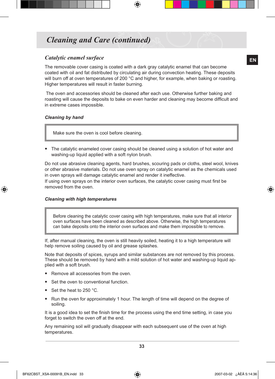 Cleaning and care (continued), Catalytic enamel surface | Samsung BF62CCBST User Manual | Page 35 / 46