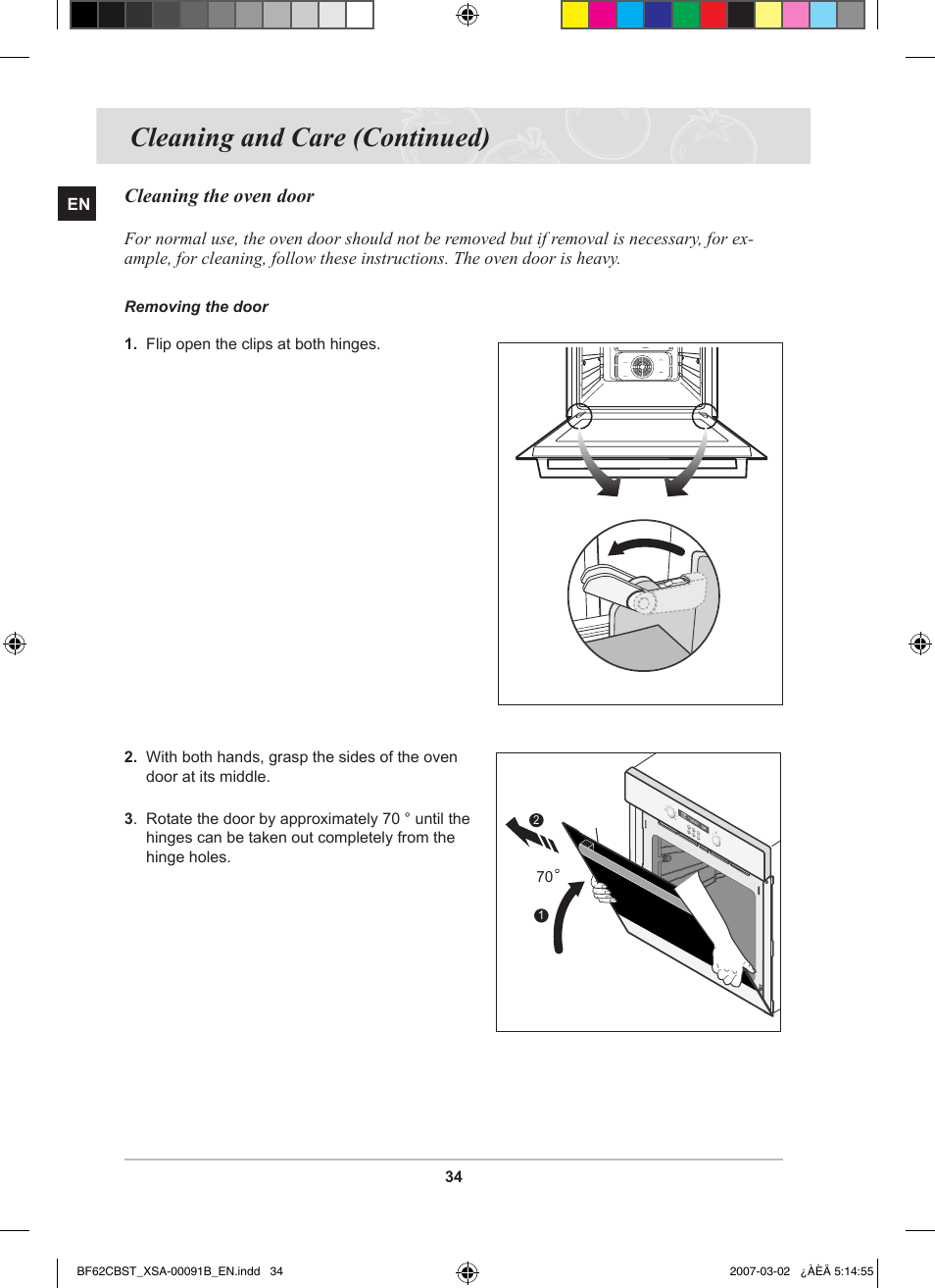 Cleaning and care (continued), Cleaning the oven door | Samsung BF62CCBST User Manual | Page 36 / 46