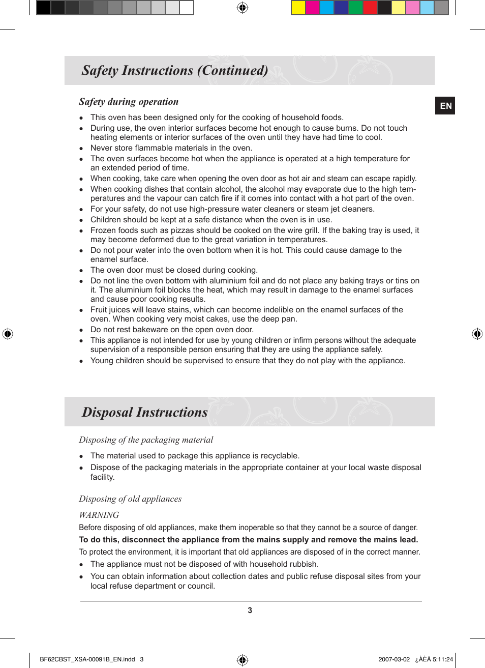 Disposal instructions, Safety instructions (continued), Safety during operation | Samsung BF62CCBST User Manual | Page 5 / 46