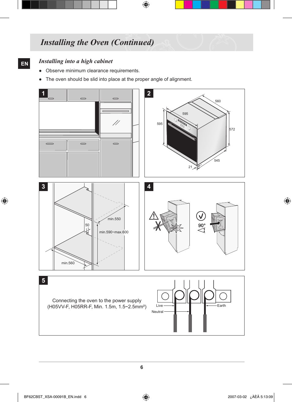 Installing the oven (continued), Installing into a high cabinet | Samsung BF62CCBST User Manual | Page 8 / 46