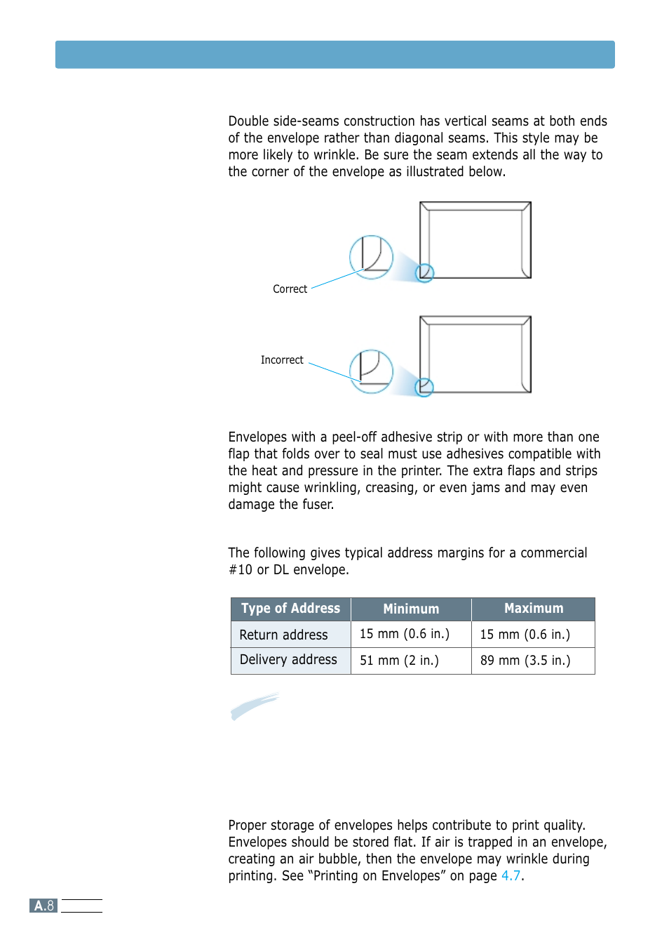 Envelopes with double side seams, Envelopes with adhesive strips or flaps, Envelope margins | Envelope storage, Paper specifications | Samsung ML-4600 User Manual | Page 105 / 134