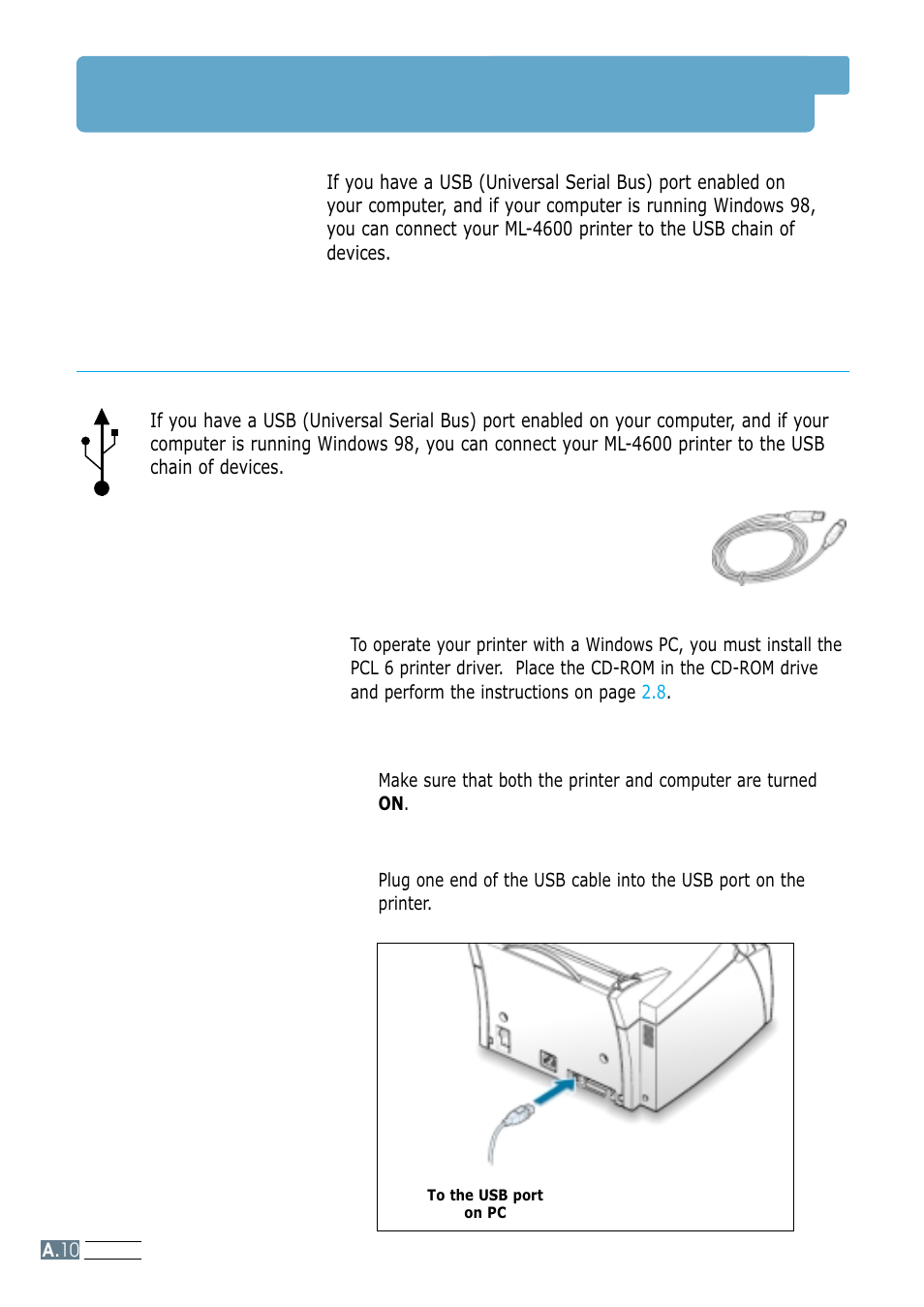 Using your printer with a usb cable, Installing the printer software, A.10 | Samsung ML-4600 User Manual | Page 107 / 134