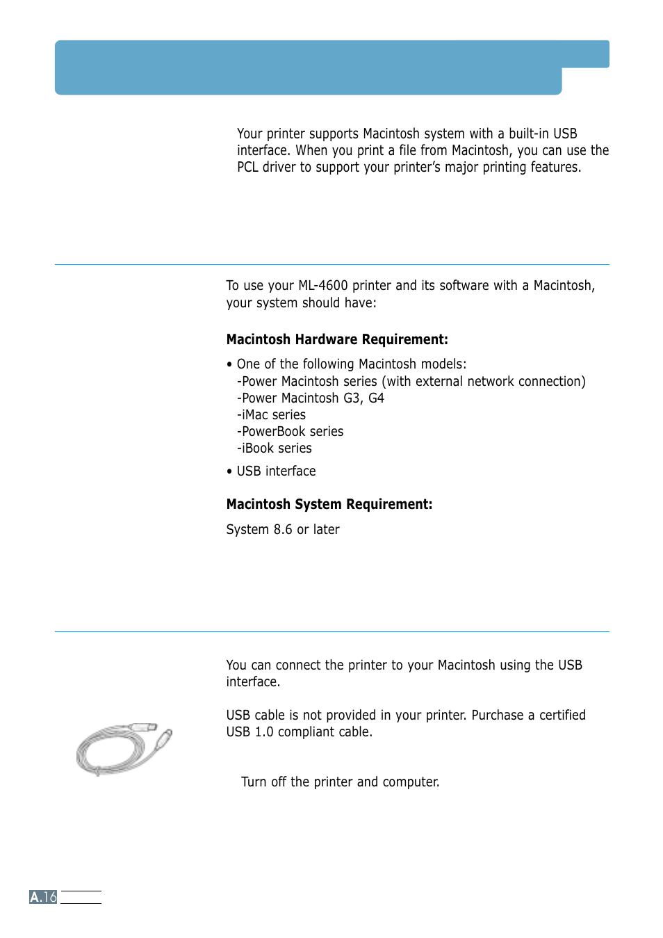 Using your printer with macintosh, System requirements, Installing software for macintosh | A.16, Connecting to macintosh | Samsung ML-4600 User Manual | Page 113 / 134