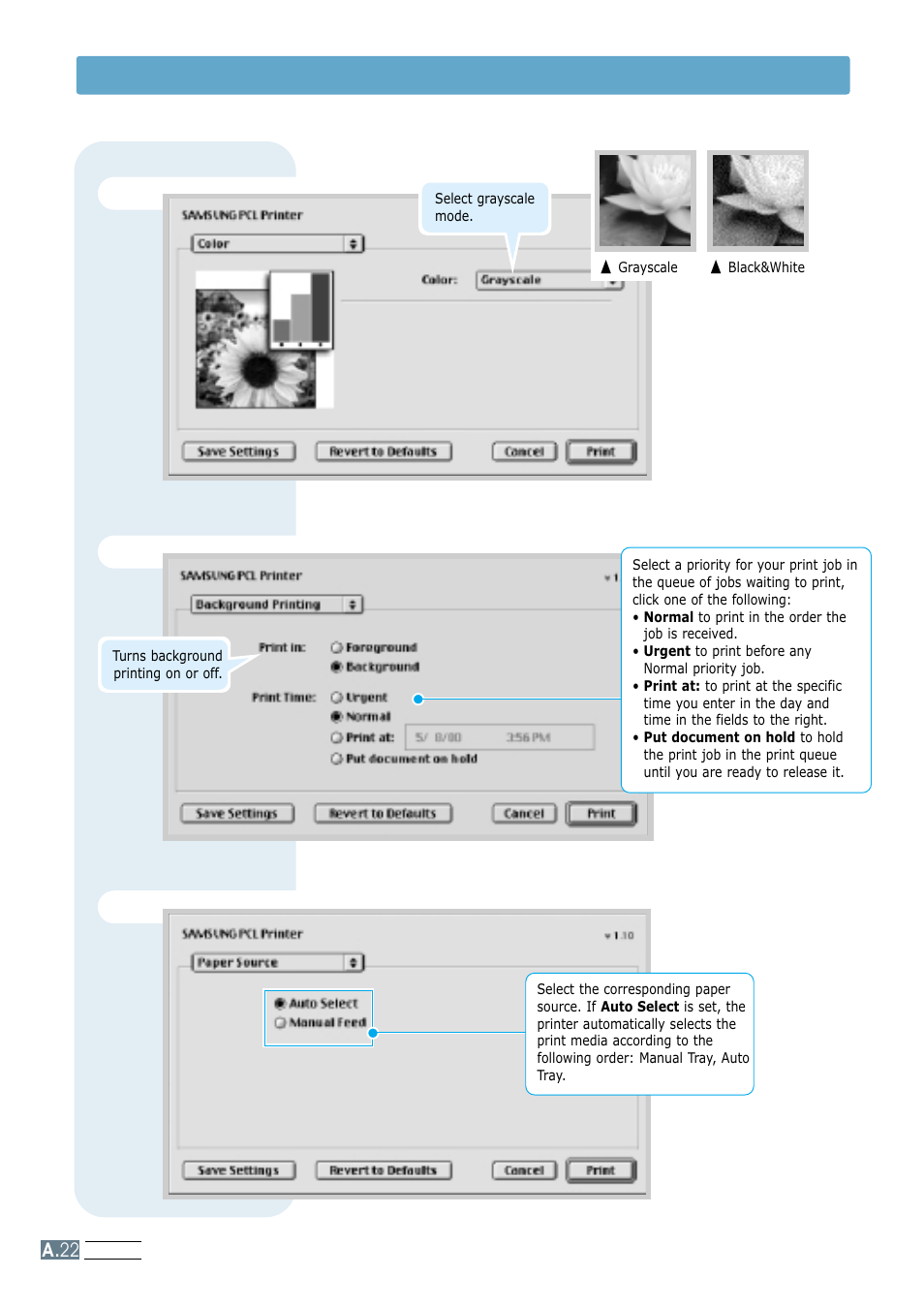 Color background printing, Paper source, Using your printer with macintosh | Samsung ML-4600 User Manual | Page 119 / 134