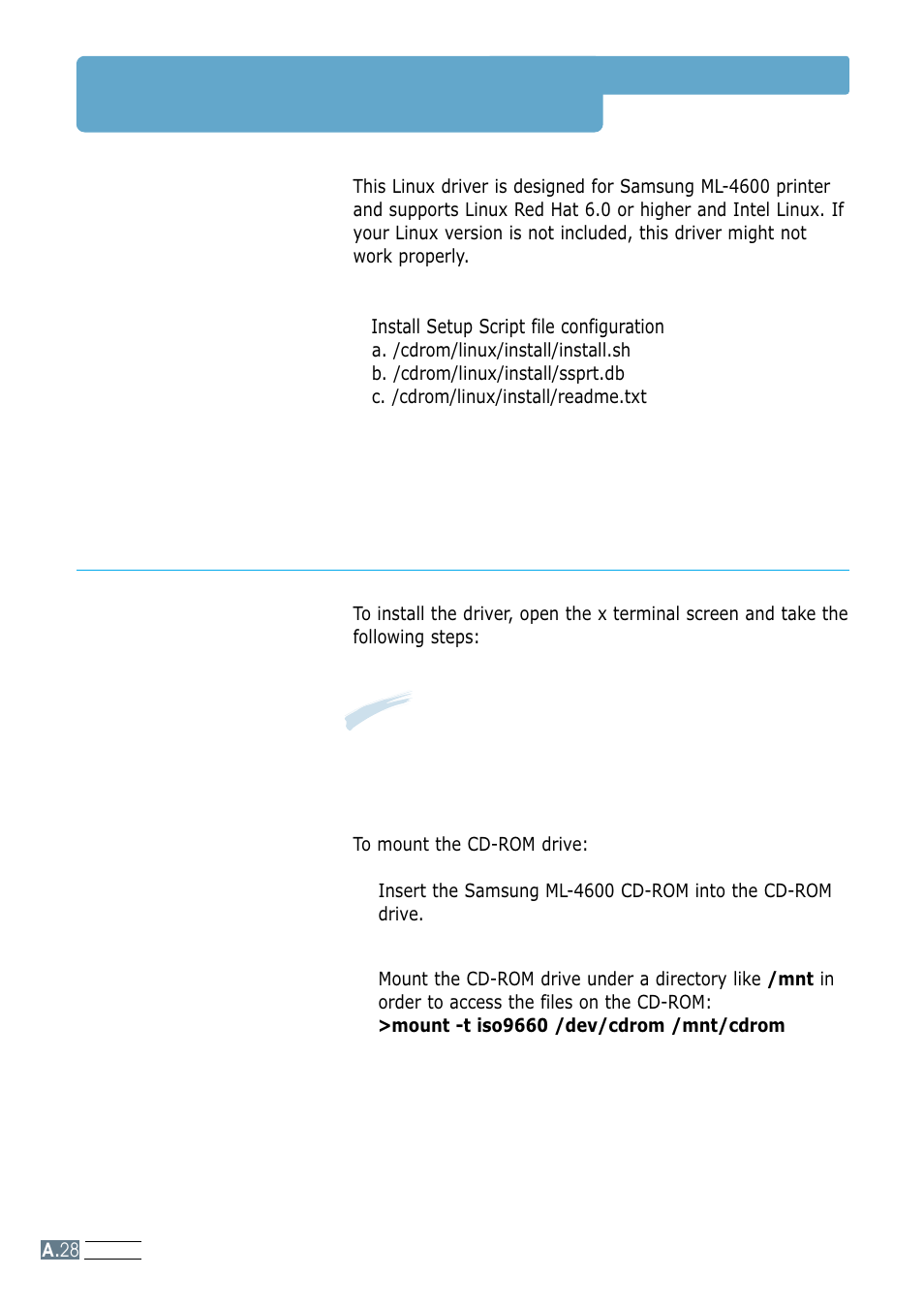 Linux driver installation, Installation, A.28 | Mount the cd-rom drive | Samsung ML-4600 User Manual | Page 125 / 134