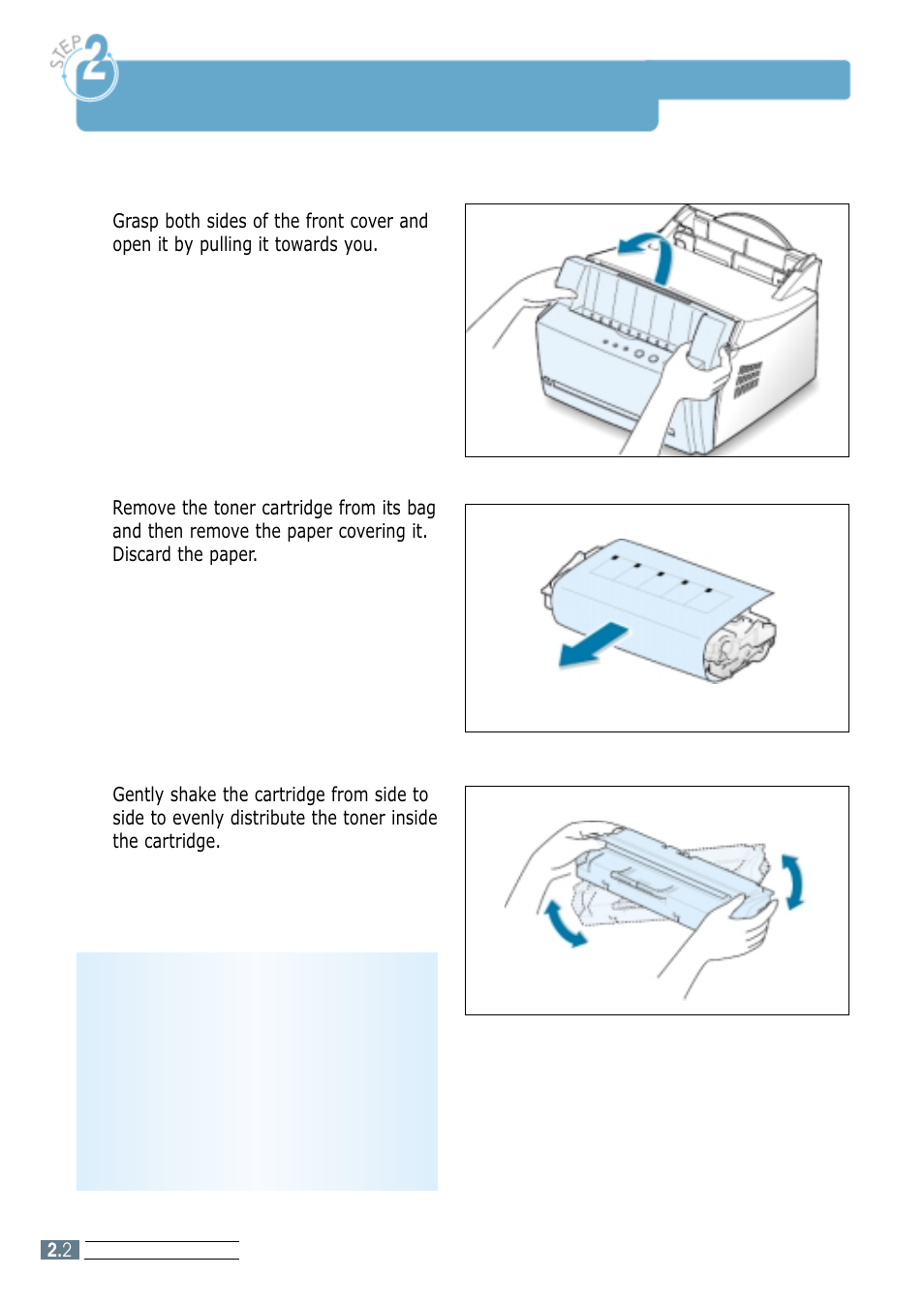 Install the toner cartridge, Step 2 | Samsung ML-4600 User Manual | Page 15 / 134