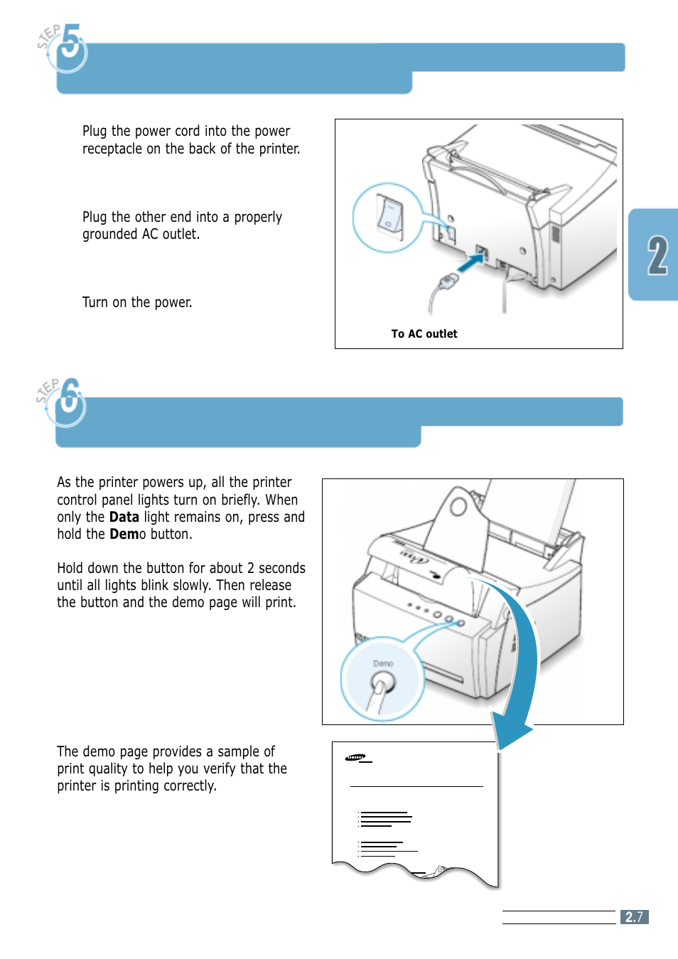 Turn on the printer, Step 5, Step 6 | Print a demo page | Samsung ML-4600 User Manual | Page 20 / 134