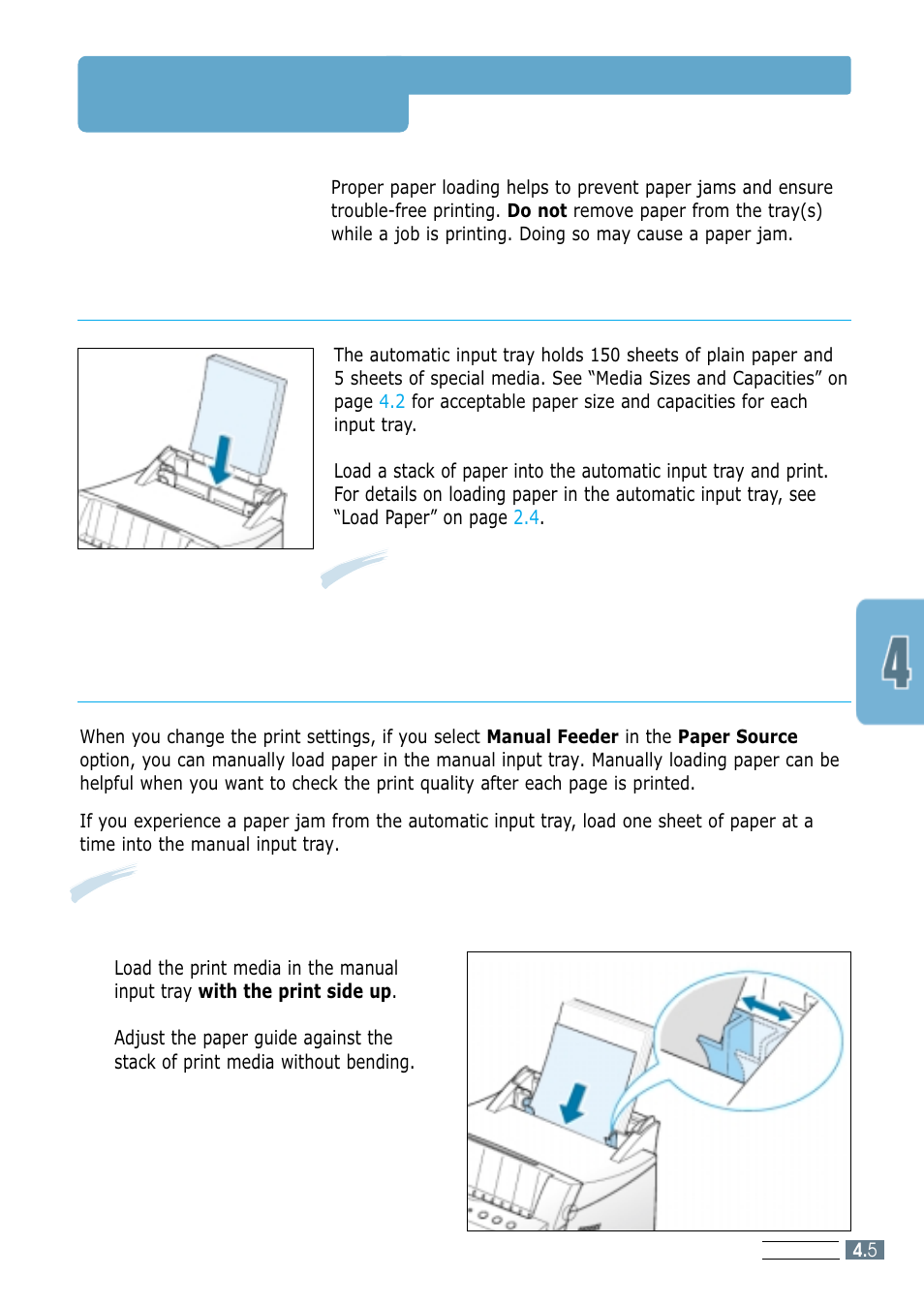 Loading paper, Using the automatic input tray, Using the manual input tray | Samsung ML-4600 User Manual | Page 38 / 134
