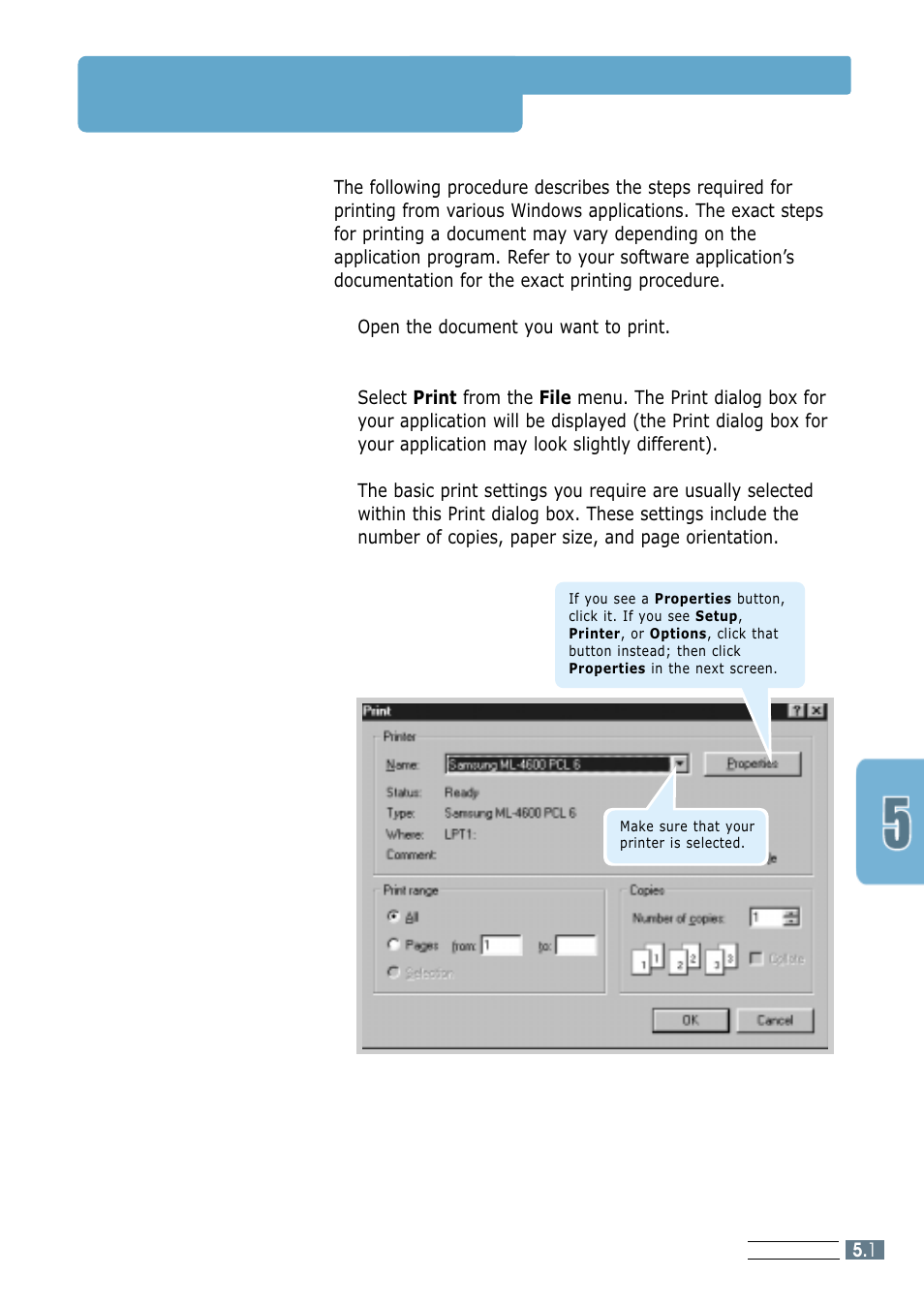 Printing a document | Samsung ML-4600 User Manual | Page 48 / 134