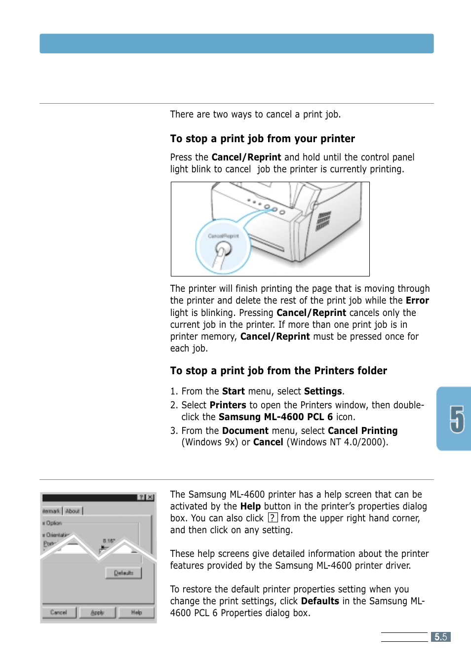 Canceling a print job, Using help, Canceling a print job using help | Printing a document | Samsung ML-4600 User Manual | Page 52 / 134