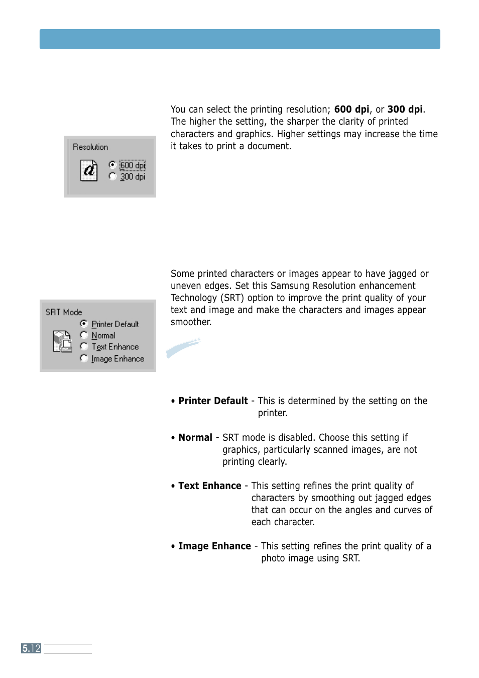 Resolution, Srt mode, Setting graphic properties | Samsung ML-4600 User Manual | Page 59 / 134