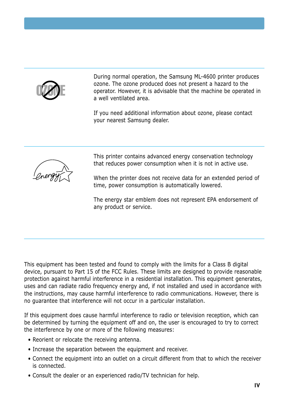 Ozone safety, Power saver, Radio frequency emissions | Ozone safety power saver, Fcc regulations | Samsung ML-4600 User Manual | Page 6 / 134