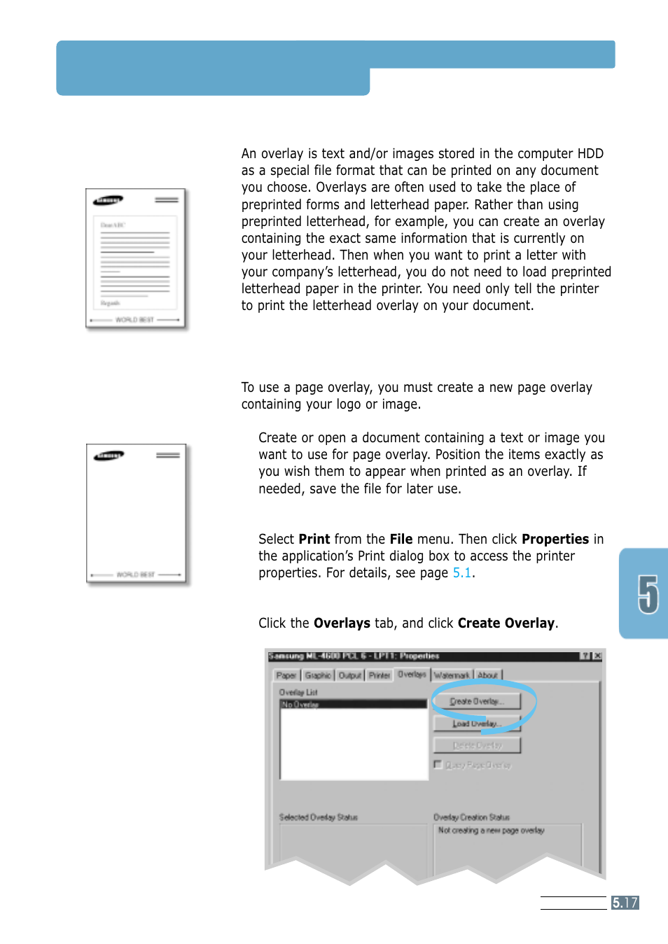 Using page overlay, What is an overlay, Creating a new page overlay | Samsung ML-4600 User Manual | Page 64 / 134