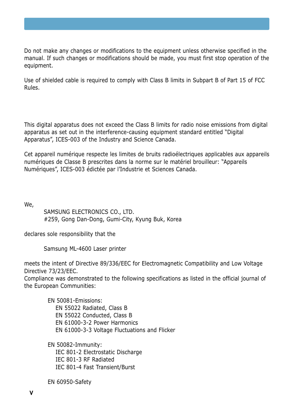 Canadian radio interference regulations, Ec declaration of conformity, Environmental and safety consideration | Samsung ML-4600 User Manual | Page 7 / 134