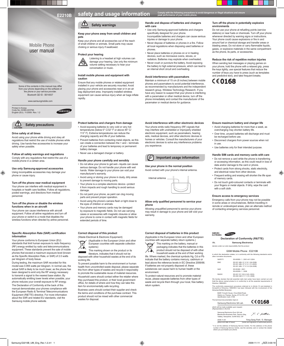 Samsung E2210B User Manual | 2 pages