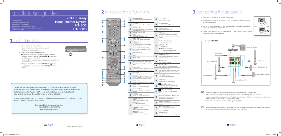 Samsung BLU-RAY HT-BD2 User Manual | 2 pages