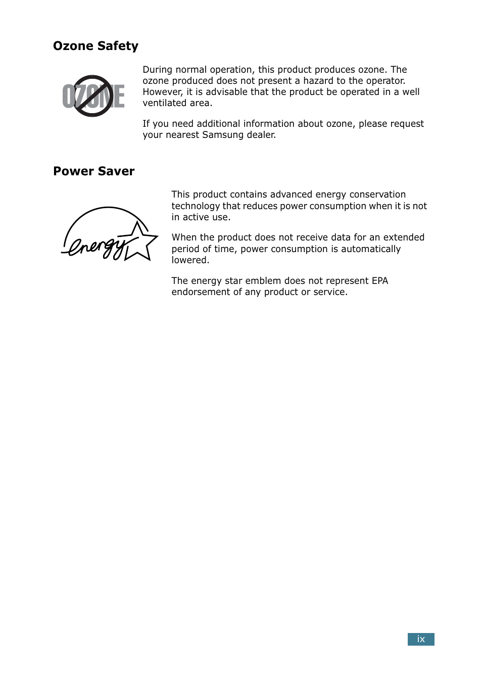 Ozone safety, Power saver | Samsung SCX-5115 User Manual | Page 10 / 144