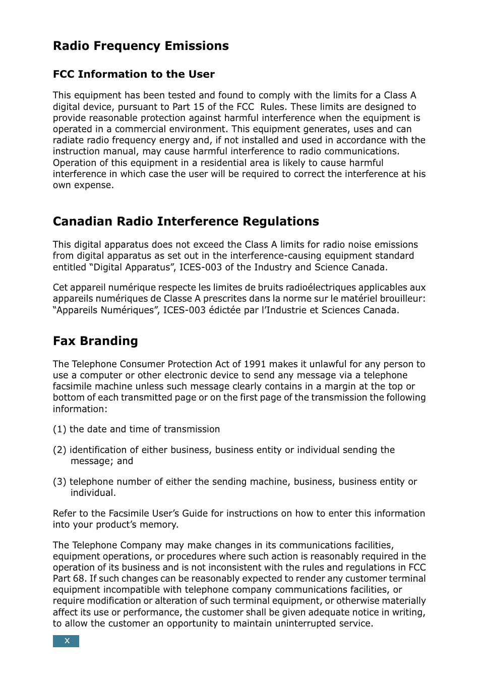 Radio frequency emissions, Canadian radio interference regulations, Fax branding | Samsung SCX-5115 User Manual | Page 11 / 144