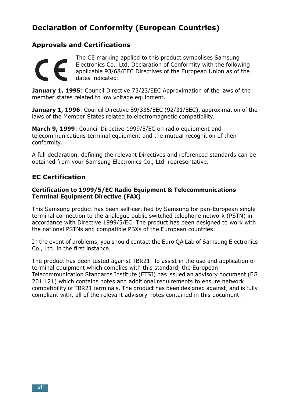 Declaration of conformity (european countries) | Samsung SCX-5115 User Manual | Page 13 / 144