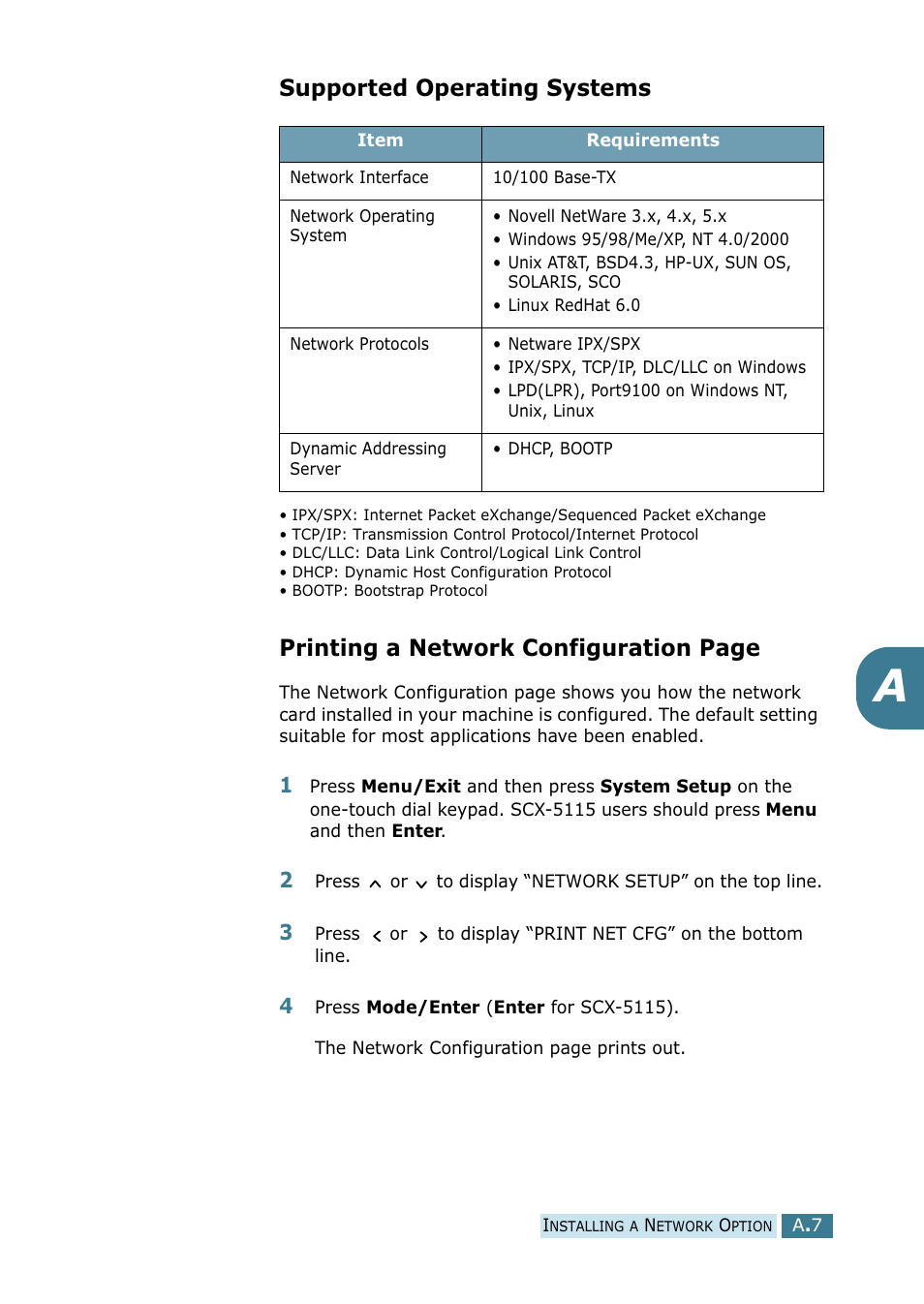 Supported operating systems, Printing a network configuration page | Samsung SCX-5115 User Manual | Page 130 / 144