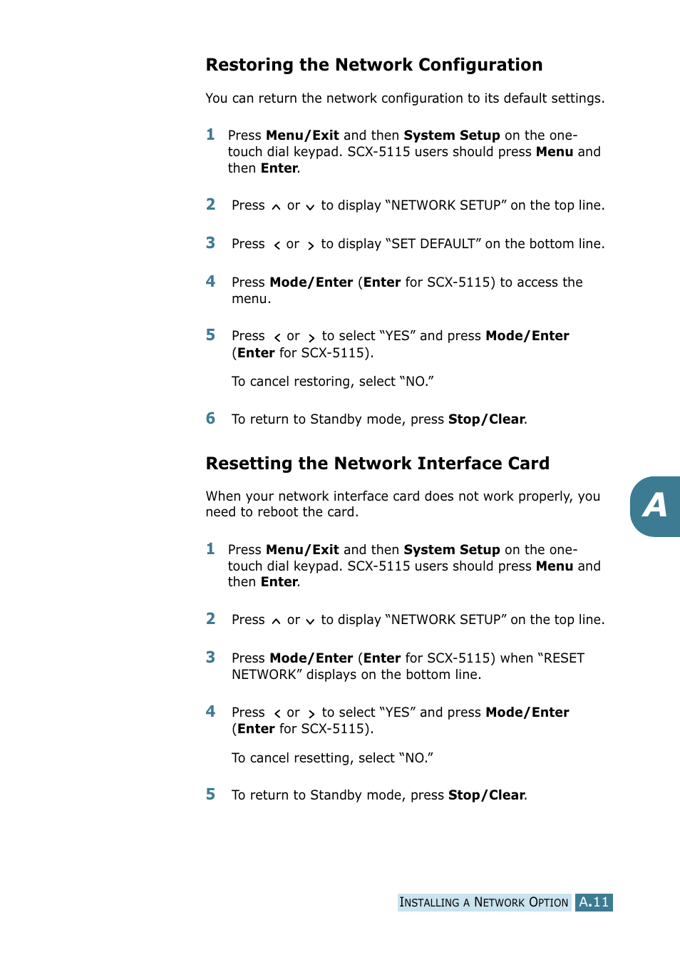 Restoring the network configuration, Resetting the network interface card | Samsung SCX-5115 User Manual | Page 134 / 144