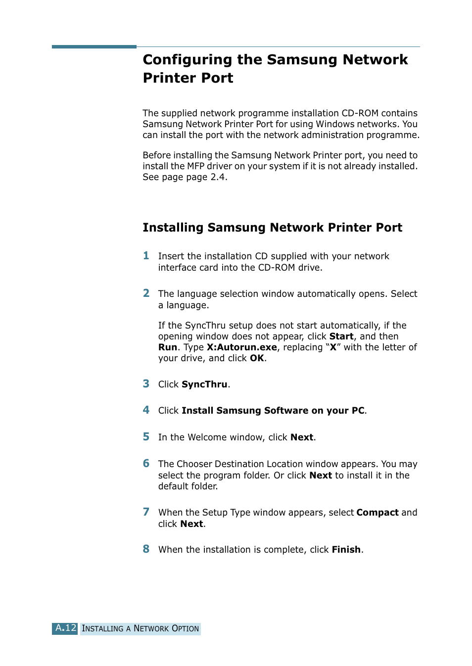 Configuring the samsung network printer port, Installing samsung network printer port | Samsung SCX-5115 User Manual | Page 135 / 144