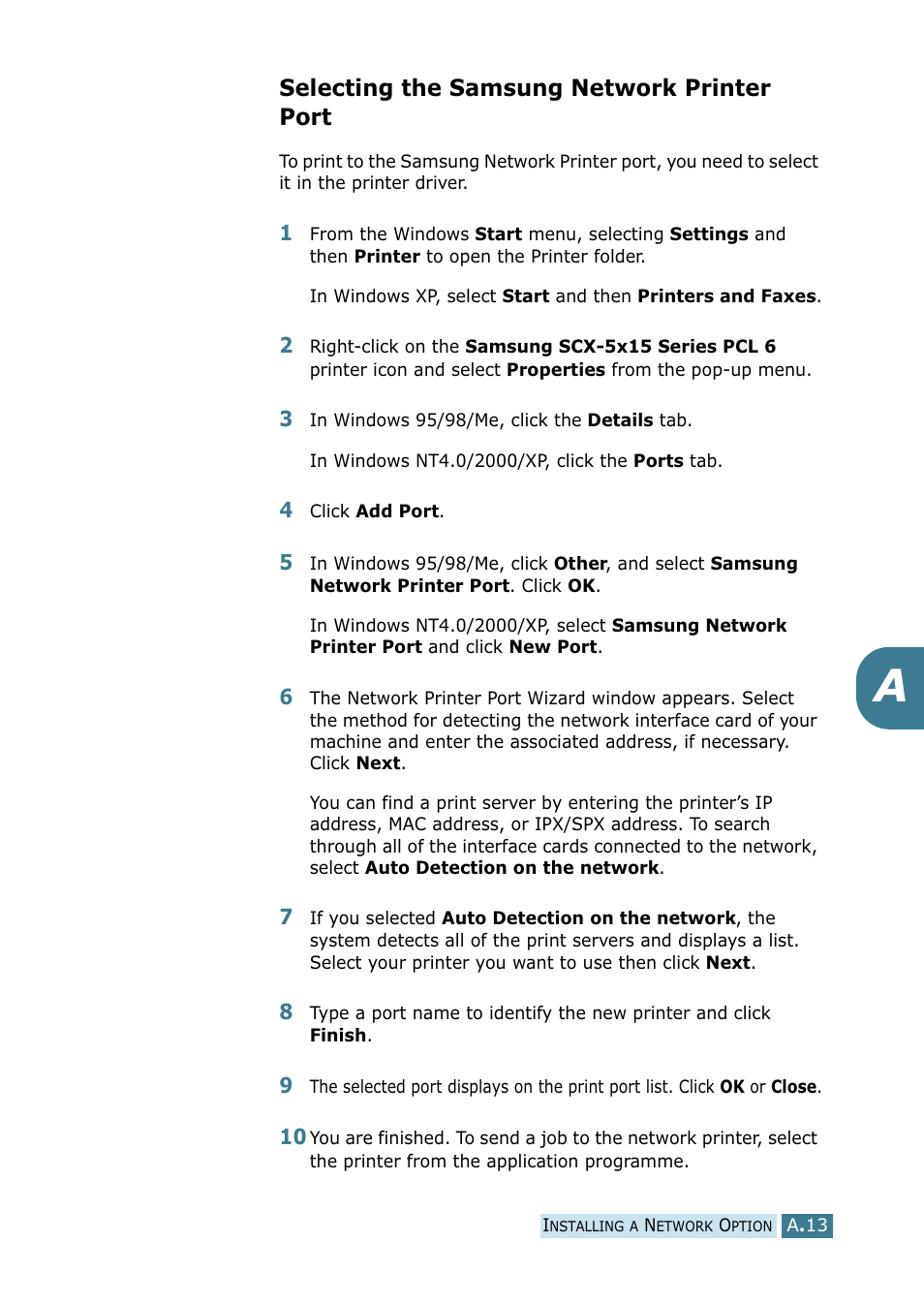 Selecting the samsung network printer port | Samsung SCX-5115 User Manual | Page 136 / 144