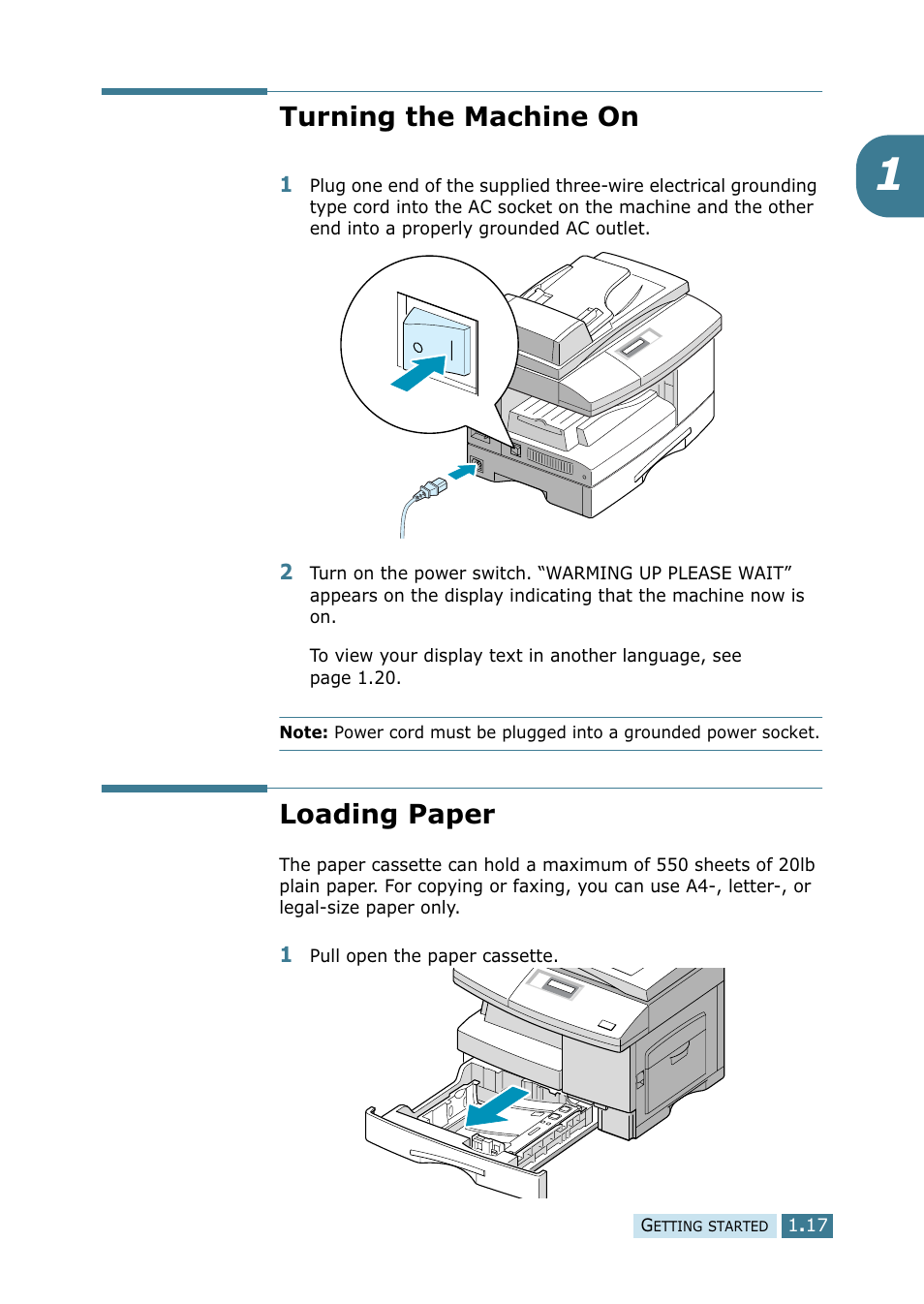 Turning the machine on, Loading paper, Turning the machine on loading paper | Samsung SCX-5115 User Manual | Page 32 / 144