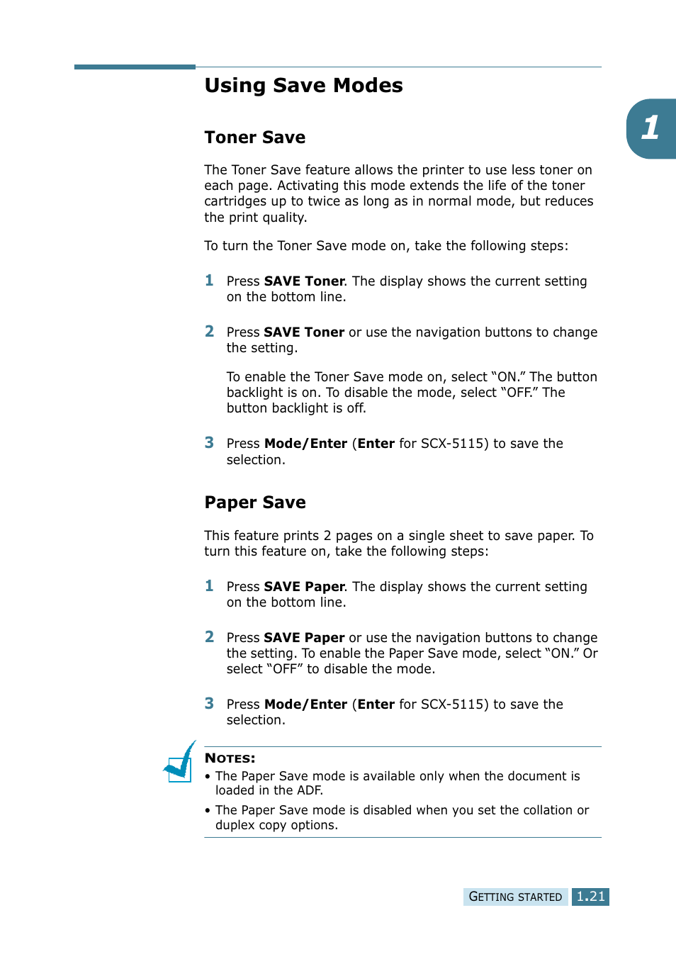Using save modes, Toner save, Paper save | Toner save paper save | Samsung SCX-5115 User Manual | Page 36 / 144