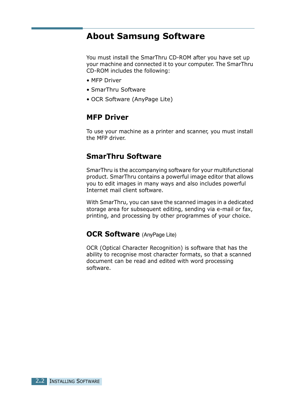 About samsung software, Mfp driver, Smarthru software | Mfp driver smarthru software ocr software, Ocr software | Samsung SCX-5115 User Manual | Page 39 / 144