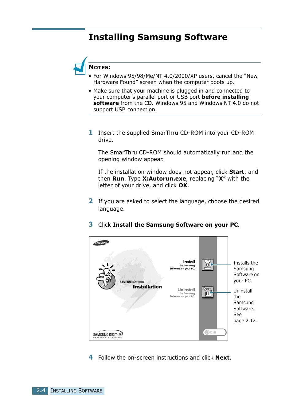 Installing samsung software | Samsung SCX-5115 User Manual | Page 41 / 144