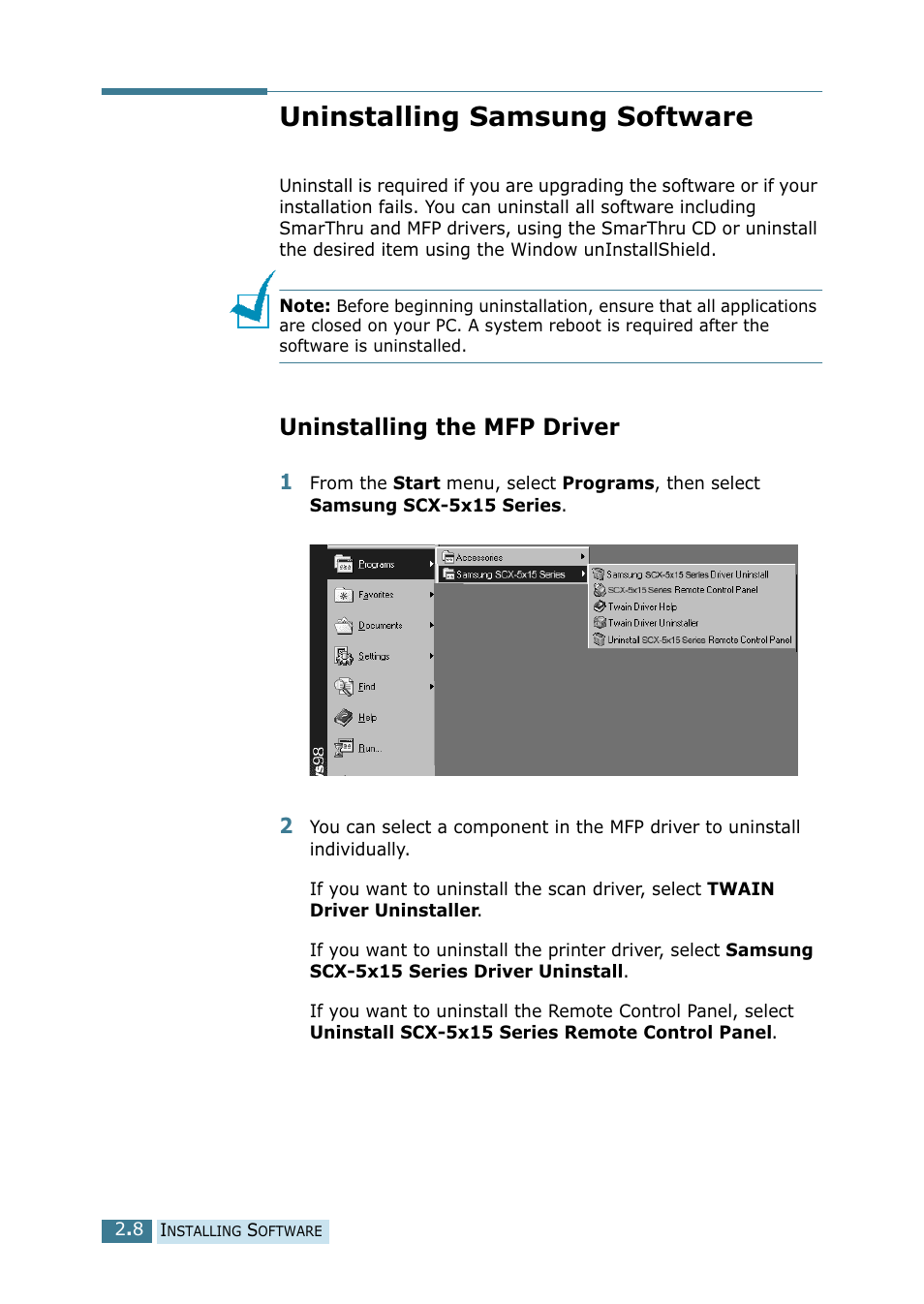 Uninstalling samsung software, Uninstalling the mfp driver | Samsung SCX-5115 User Manual | Page 45 / 144