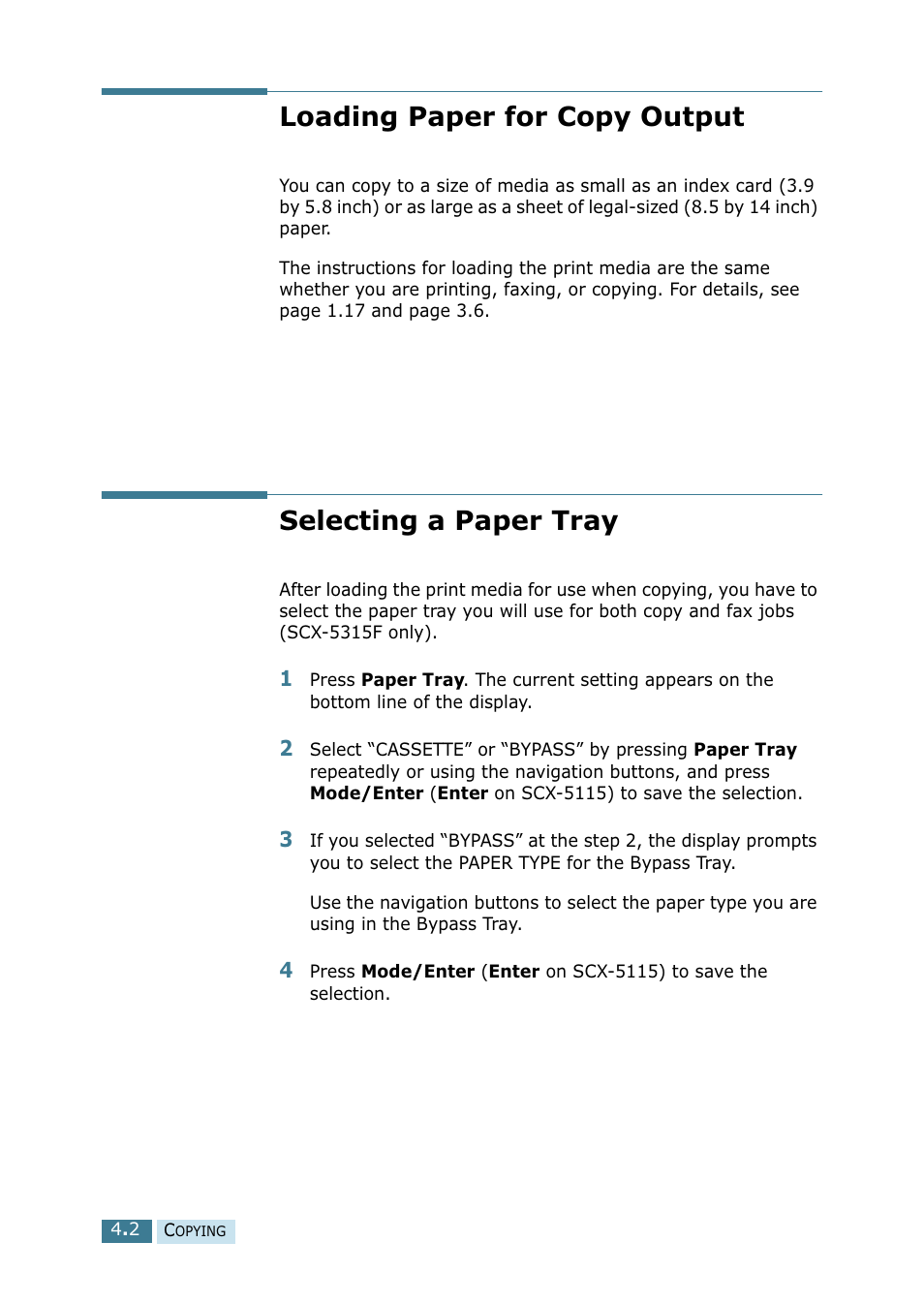 Loading paper for copy output, Selecting a paper tray | Samsung SCX-5115 User Manual | Page 61 / 144