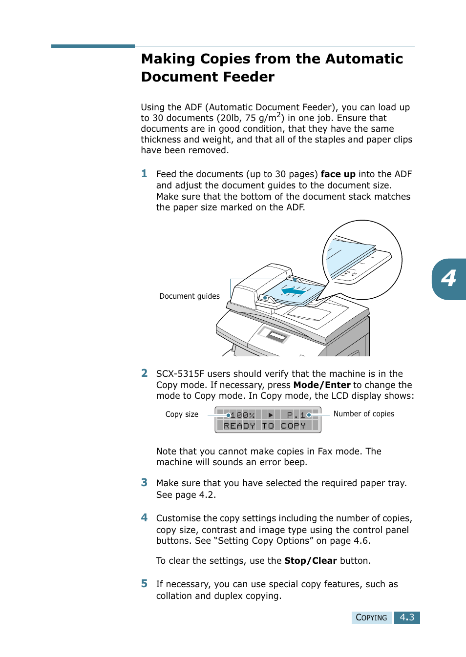 Making copies from the automatic document feeder, Making copies from the automatic document, Feeder | Samsung SCX-5115 User Manual | Page 62 / 144
