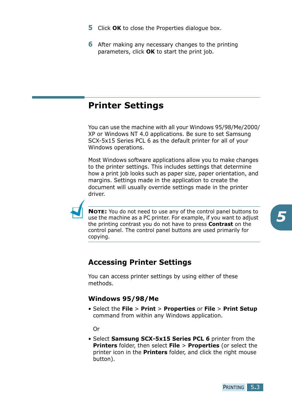 Printer settings, Accessing printer settings | Samsung SCX-5115 User Manual | Page 76 / 144